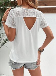 SHEIN LUNE Ren tương phản Cắt bỏ trở lại Áo thun - trắng - Xem 3