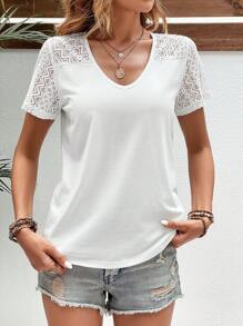 SHEIN LUNE Ren tương phản Cắt bỏ trở lại Áo thun - trắng - Xem 5