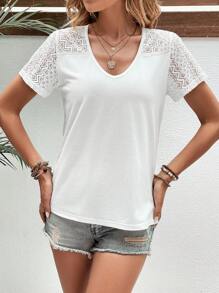 SHEIN LUNE Ren tương phản Cắt bỏ trở lại Áo thun - trắng - Xem 6