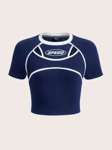 SHEIN ICON Letter Graphic Contrast Binding Crop Tee - Navy Blue - View 1