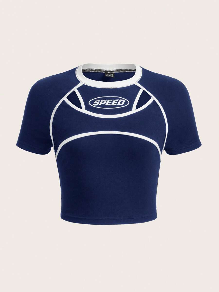 SHEIN ICON Letter Graphic Contrast Binding Crop Tee - Navy Blue - View 1