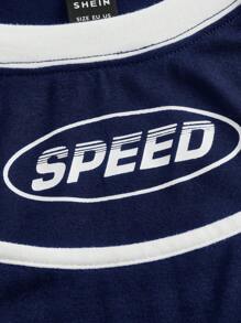 SHEIN ICON Letter Graphic Contrast Binding Crop Tee - Navy Blue - View 4