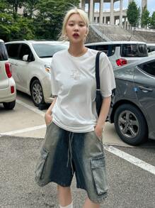 DAZY Camiseta de hombros caídos con estampado de letra - Blanco - Ver 5