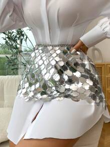 Zolique Sequin Decor Bodycon Skirt - Silver - View 4