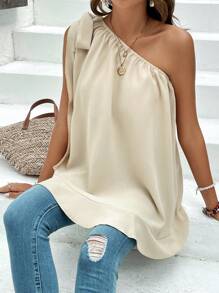 SHEIN LUNE Một bờ vai Viền Ruffle Áo sơ mi - Màu be - Xem 4