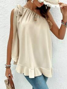 SHEIN LUNE Một bờ vai Viền Ruffle Áo sơ mi - Màu be - Xem 6