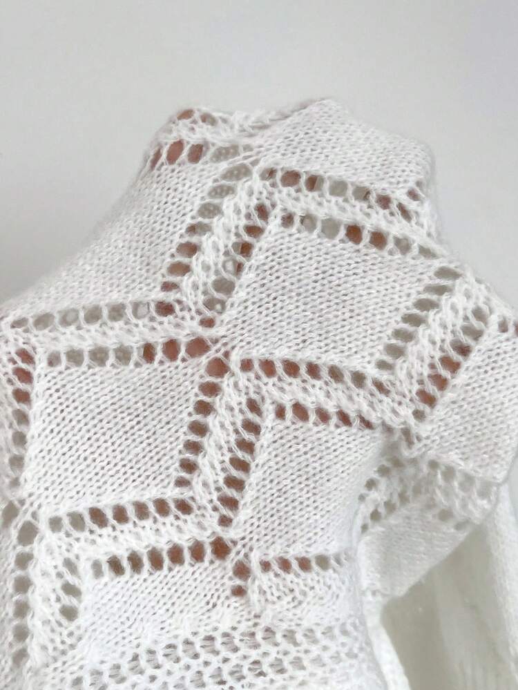 SHEIN Privé Pointelle Knit Raglan Sleeve Cardigan - White - View 7