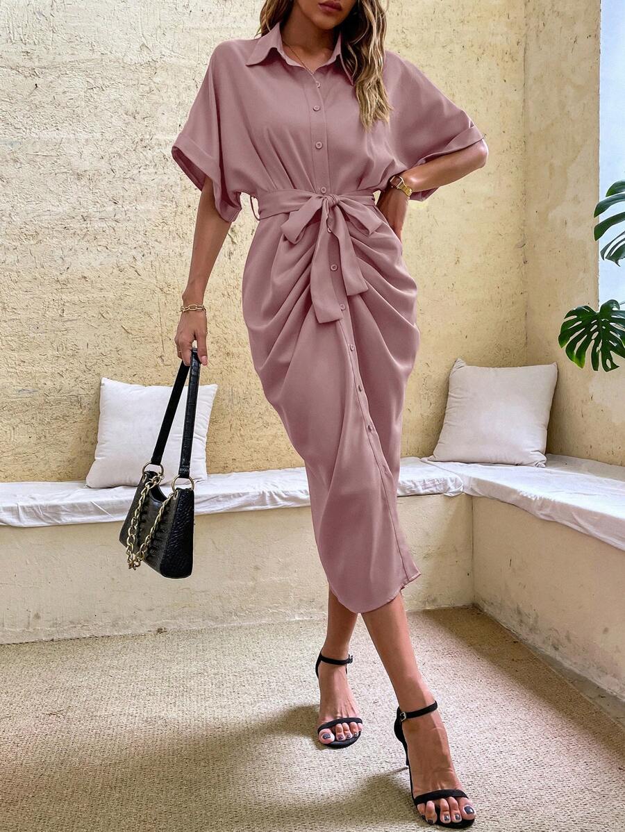 SHEIN Clasi 褶邊蝙蝠袖腰帶襯衫洋裝 - 藕粉色 - 查看 1