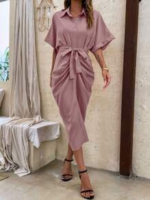 SHEIN Clasi 褶邊蝙蝠袖腰帶襯衫洋裝 - 藕粉色 - 查看 3