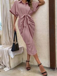 SHEIN Clasi 褶邊蝙蝠袖腰帶襯衫洋裝 - 藕粉色 - 查看 5