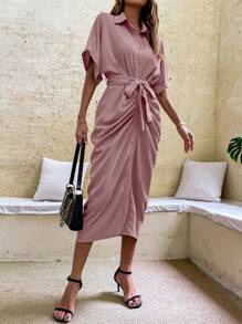 SHEIN Clasi 褶邊蝙蝠袖腰帶襯衫洋裝 - 藕粉色 - 查看 6