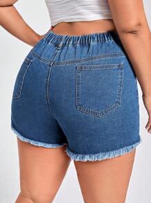 大碼花卉刺繡毛邊牛仔短褲 - 中等水洗藍 - 查看 2