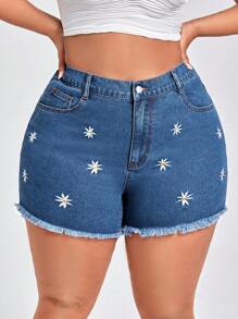 大碼花卉刺繡毛邊牛仔短褲 - 中等水洗藍 - 查看 5