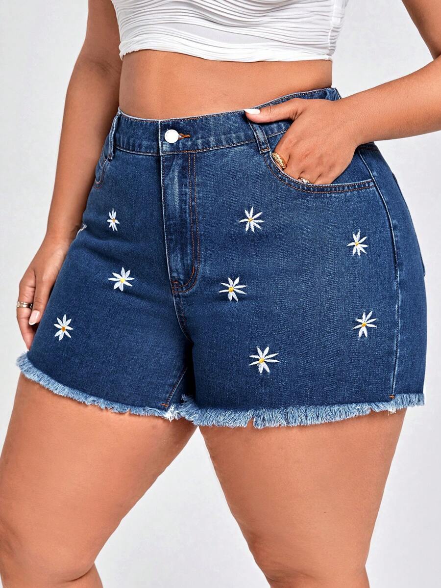 大碼花卉刺繡毛邊牛仔短褲 - 深色水洗藍 - 查看 1