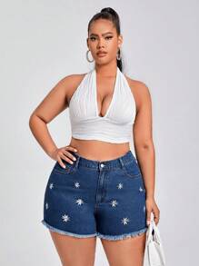 大碼花卉刺繡毛邊牛仔短褲 - 深色水洗藍 - 查看 3