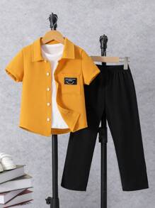 SHEIN Young Boy Letter Patched Shirt & Pants Without Tee