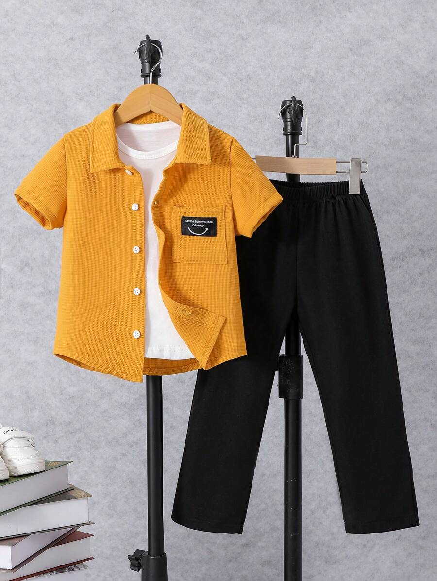 SHEIN Young Boy Letter Patched Shirt & Pants Without Tee