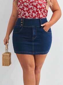 SHEIN VCAY Hơn Chi tiết Nút Quần bó Váy Denim - Rửa tối - Xem 1