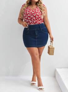 SHEIN VCAY Hơn Chi tiết Nút Quần bó Váy Denim - Rửa tối - Xem 3