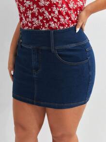 SHEIN VCAY Hơn Chi tiết Nút Quần bó Váy Denim - Rửa tối - Xem 6