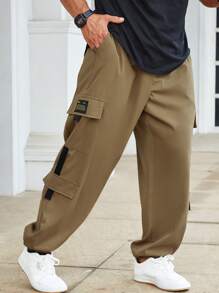 Manfinity Homme Men Plus Letter Patched Detail Flap Pocket Side Cargo Pants - Brown - View 3