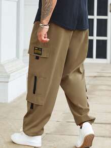 Manfinity Homme Men Plus Letter Patched Detail Flap Pocket Side Cargo Pants - Brown - View 1