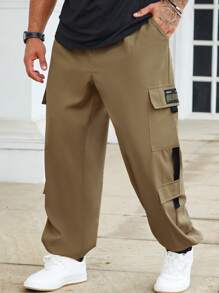 Manfinity Homme Men Plus Letter Patched Detail Flap Pocket Side Cargo Pants - Brown - View 4