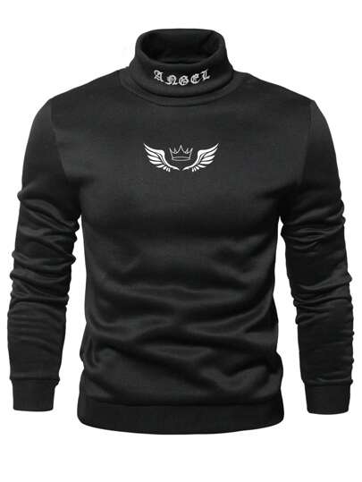 Manfinity Homme Men Letter Graphic High Neck Sweatshirt Going Out Long Sleeve Color Block Sweatshirt, For Friends, Husband, Boyfriend Gifts, Black Turtleneck Men, For Fall