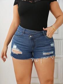 SHEIN Plus Ripped Raw Cut Denim Shorts - Dark Wash - View 1