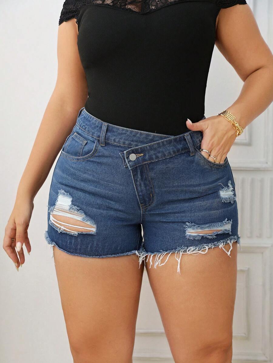 SHEIN Plus Ripped Raw Cut Denim Shorts - Dark Wash - View 1