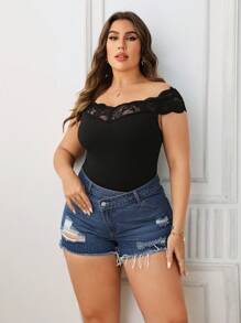 SHEIN Plus Ripped Raw Cut Denim Shorts - Dark Wash - View 5