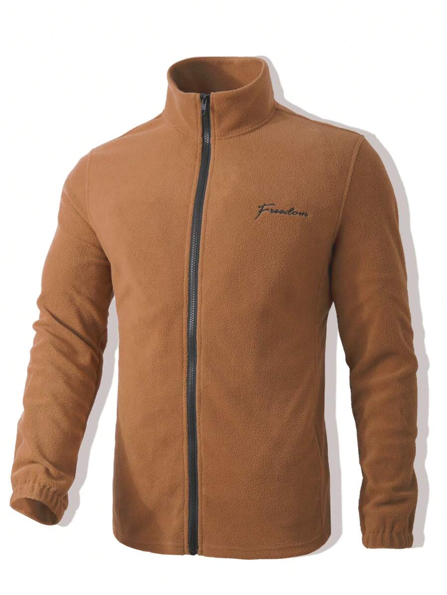 Manfinity Homme 男士字母刺繡拉鍊外套 - 棕色 - 查看 1