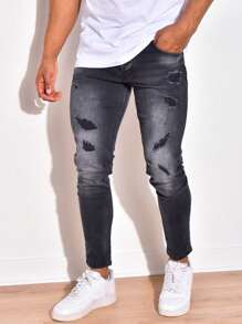 Men Ripped Skinny Jeans - Black - View 1