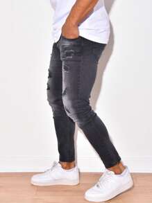 Men Ripped Skinny Jeans - Black - View 3