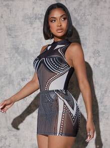 SHEIN Unity Geo Print Sheer Bodysuit & Skirt Two Pieces Set - Black and White - View 4