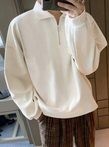 Manfinity Homme Lỏng lẻo Nam Khóa kéo một phần tư Thả vai Áo nỉ - Màu be - Xem 1