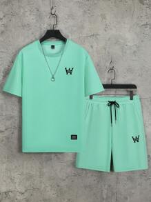 Manfinity Homme Uomo con grafica lettera Maglietta & con coulisse a vita Shorts