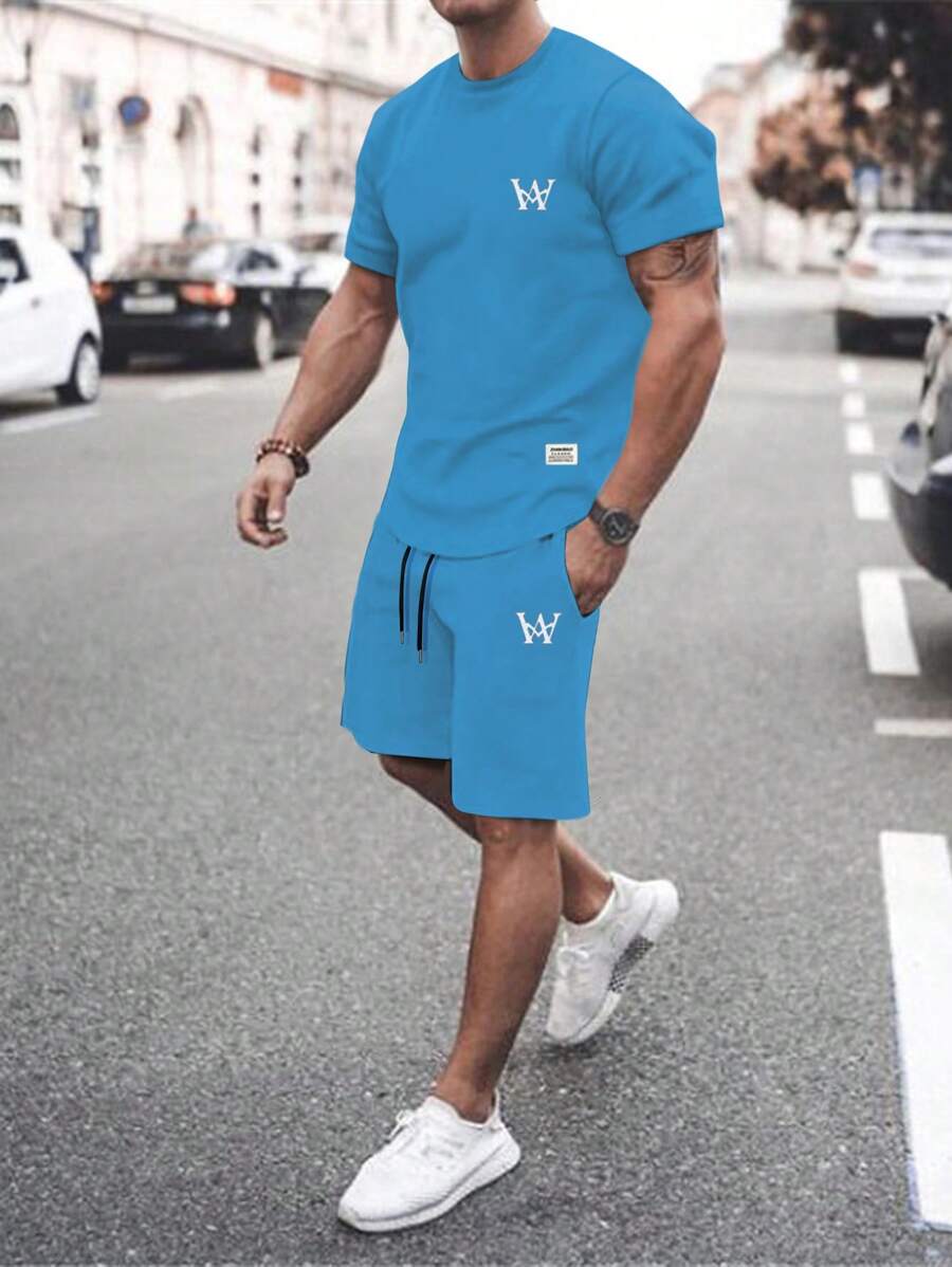 Manfinity Homme Nam Đồ họa Chữ cái Áo thun & Eo dây rút Quần short - Màu xanh lam - Xem 1