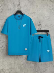 Manfinity Homme Nam Đồ họa Chữ cái Áo thun & Eo dây rút Quần short - Màu xanh lam - Xem 2