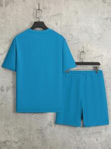 Manfinity Homme Nam Đồ họa Chữ cái Áo thun & Eo dây rút Quần short - Màu xanh lam - Xem 3