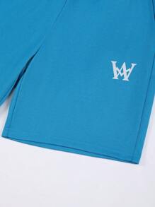 Manfinity Homme Nam Đồ họa Chữ cái Áo thun & Eo dây rút Quần short - Màu xanh lam - Xem 6