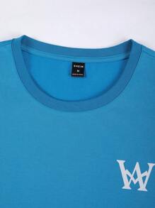 Manfinity Homme Nam Đồ họa Chữ cái Áo thun & Eo dây rút Quần short - Màu xanh lam - Xem 7