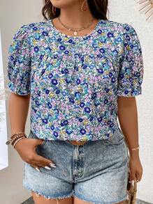 Breezaya Áo cánh tay bồng in họa tiết hoa Boho cỡ lớn cho mùa hè - Màu xanh lam - Xem 4