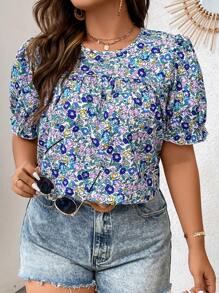 Breezaya Áo cánh tay bồng in họa tiết hoa Boho cỡ lớn cho mùa hè - Màu xanh lam - Xem 5
