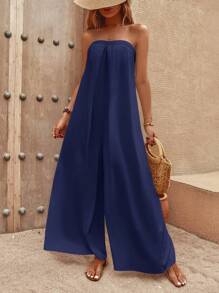 SHEIN LUNE Chất rắn quần ống rộng Jumpsuit ống - Màu xanh hải quân - Xem 1