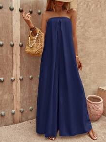 SHEIN LUNE Chất rắn quần ống rộng Jumpsuit ống - Màu xanh hải quân - Xem 5