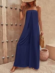 SHEIN LUNE Chất rắn quần ống rộng Jumpsuit ống - Màu xanh hải quân - Xem 6