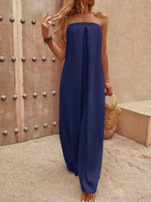 SHEIN LUNE Chất rắn quần ống rộng Jumpsuit ống - Màu xanh hải quân - Xem 7