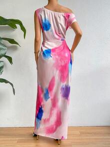 Chiquease Tie Dye Asymmetrical Neck Ruched Split Thigh Dress - Pink - View 2