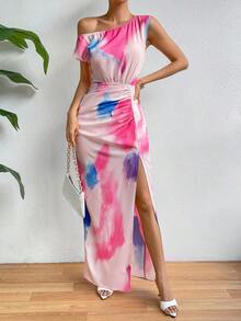 Chiquease Tie Dye Asymmetrical Neck Ruched Split Thigh Dress - Pink - View 3